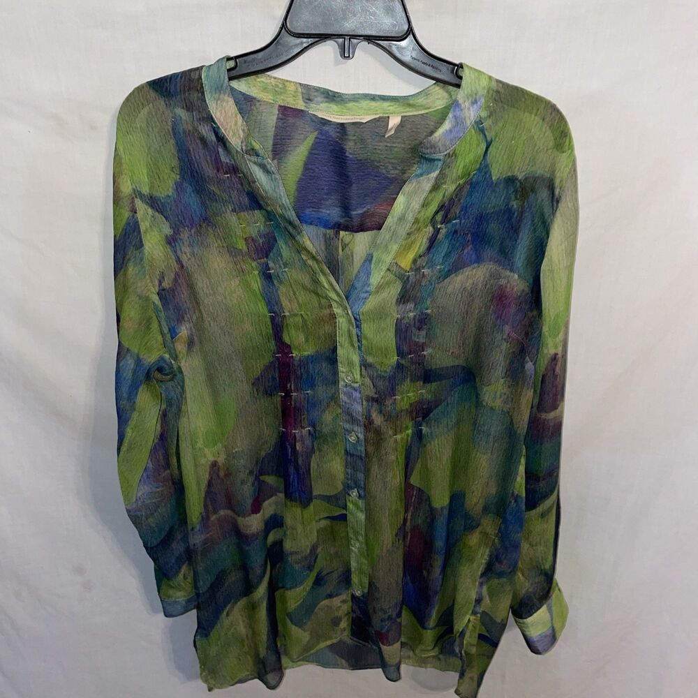 Soft Surroundings Women’s Dressy Shirt Size Large Green Sheer Going Out Beach